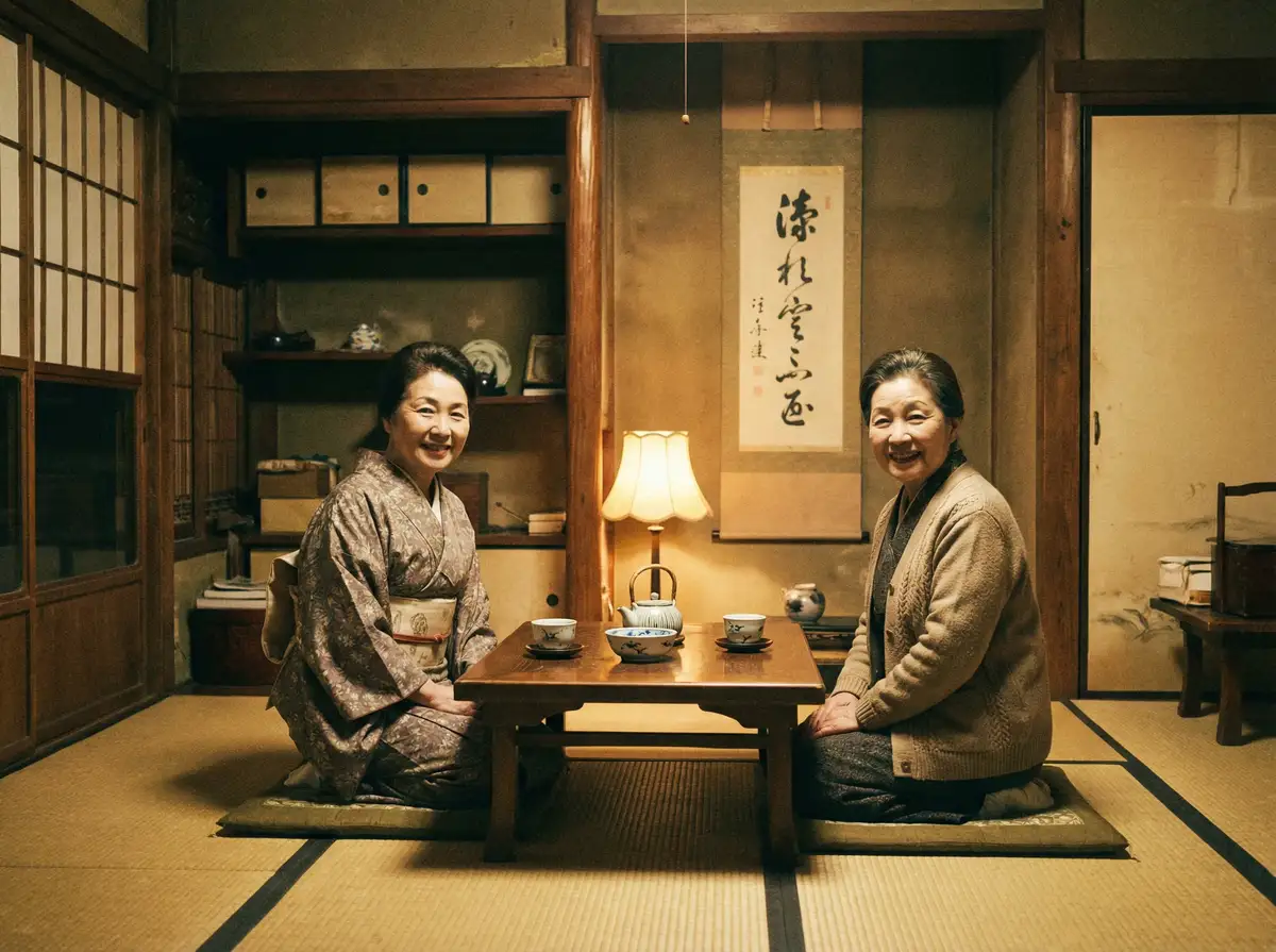 两位优雅的 杀出黎明电视剧全集 在日式茶室中品茶交谈
